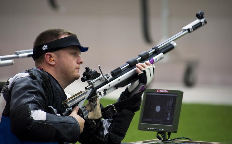 Army Sgt. 1st Class Joshua Olson competes in the 10-meter rifle competition during the 2012 Paralympic Games in London Sept. 1, 2012.