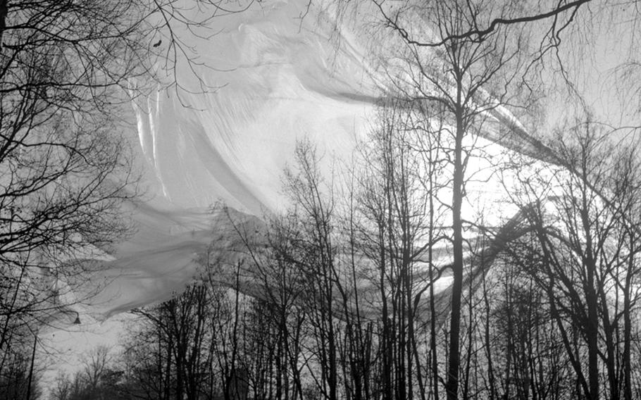 A weather balloon ends up in the trees after its launch at Giebelstadt, Germany, in 1956.