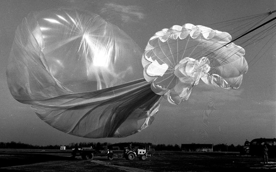 A weather balloon is launched at Giebelstadt, Germany, in 1956.