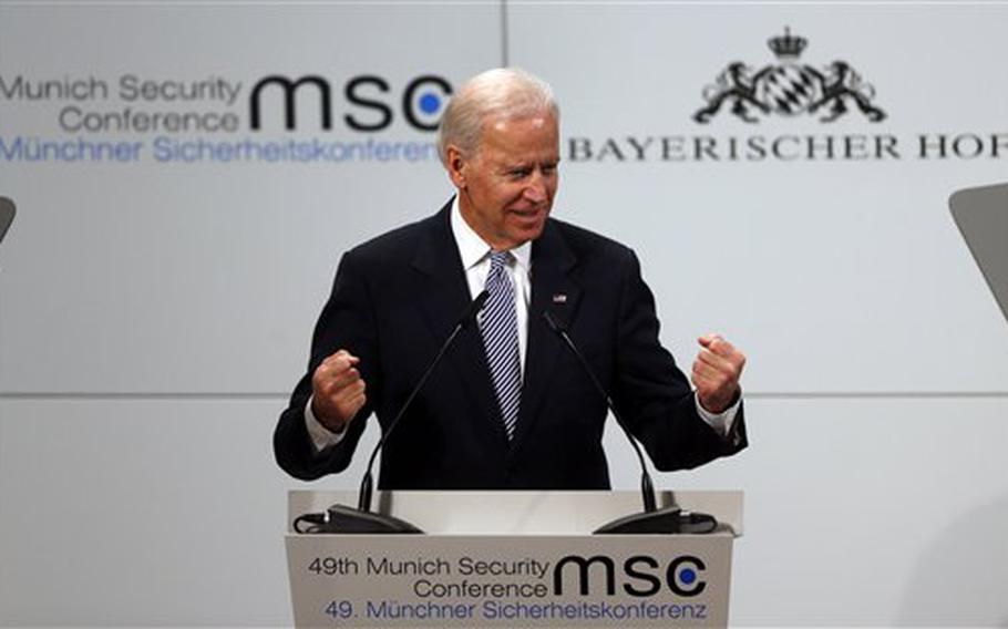 US Vice President Joe Biden gestures during his speech at the Security Conference in Munich, southern Germany, on Feb. 2, 2013. The 49th Munich Security Conference started the day before with experts from 90 delegations. 