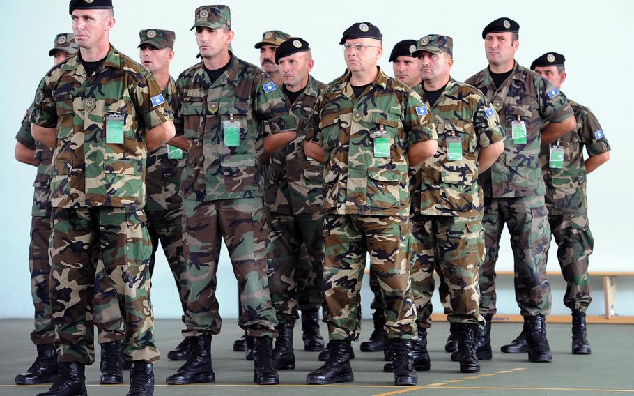 Kosovo Security Force NCOs stand in formation at their senior NCO course graduation ceremony at a KSF base in Ferizaj, Kosovo, last year. NATO has announced that the KSF has reached full operational capability, a key milestone for Kosovo, which hopes to join NATO one day.