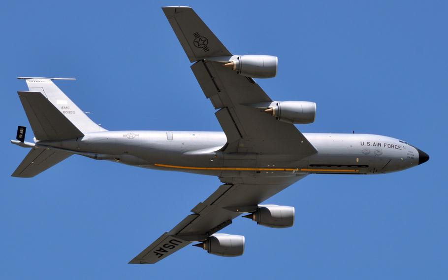 This file photo from May 2013, shows a KC-135 Stratotanker as it soars over the flightline at McConnell Air Force Base, Kan.
 
