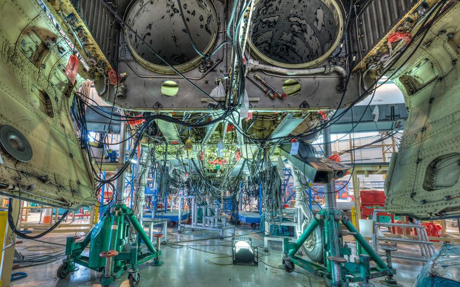 A Tornado jet manufactured by BAE Systems for the United Kingdom’s Royal Air Force undergoes a wiring test.