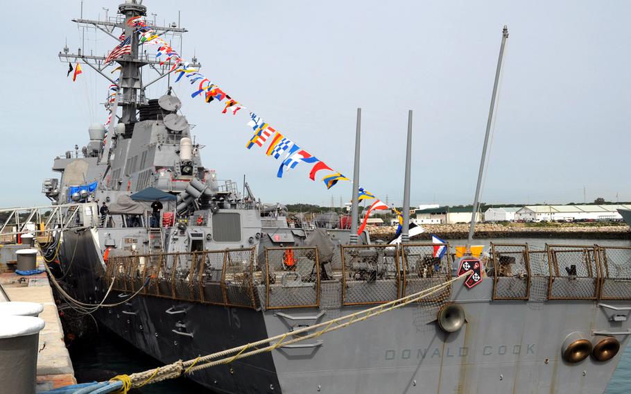 The USS Donald Cook as seen from its stern. The Arleigh Burke-class guided missile destroyer arrived at its new home station in Rota, Spain, last week and is slated to make its first ballistic missile defense patrol in the coming month. 
