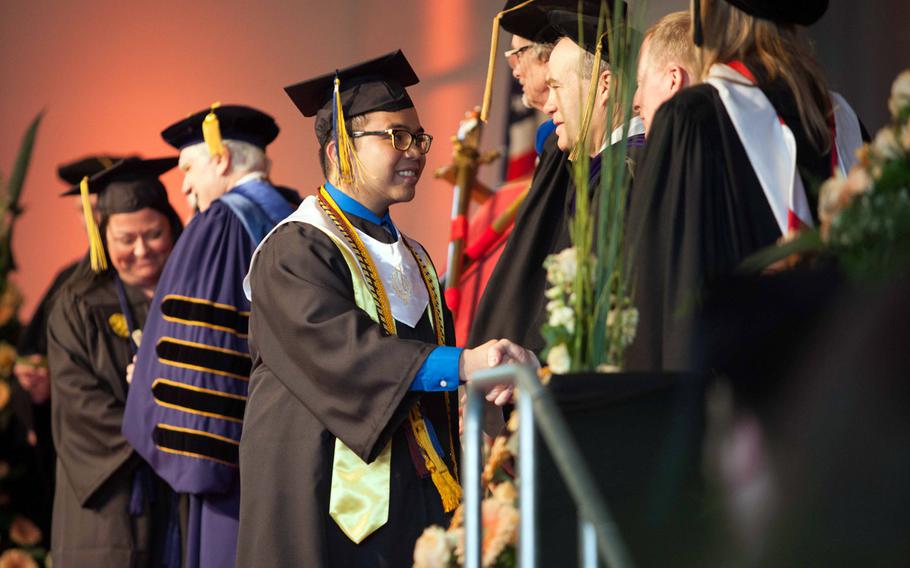 Stephen N. Fisico, who graduated from Wiesbaden High School in 2009, was recognized Saturday, May 3, 2014, as the graduate with the highest grade point average of the University of Maryland University College Europe's class of 2014.
