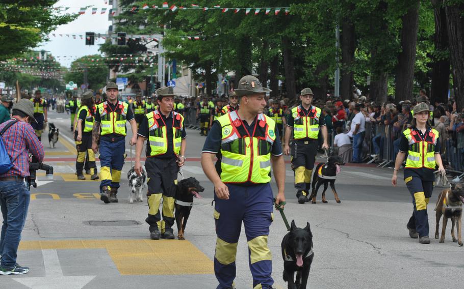 Not all of those who marched Sunday, May 11, 2014 in a parade in downtown Pordenone, Italy, did so on two legs. These dogs and their handlers help find people buried by avalanches in the mountains.
