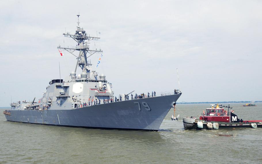 The guided missile destroyer USS Oscar Austin departs Naval Station Norfolk, Va., May 20, 2014, for a two-month deployment to the north Atlantic and the Baltic Sea for Baltic Operations (BALTOPS) 2014.