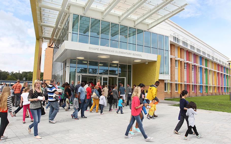 Visitors arrive at the new SHAPE Elementary and Middle School open house on Friday, Aug. 15, 2014. School starts on Monday.

