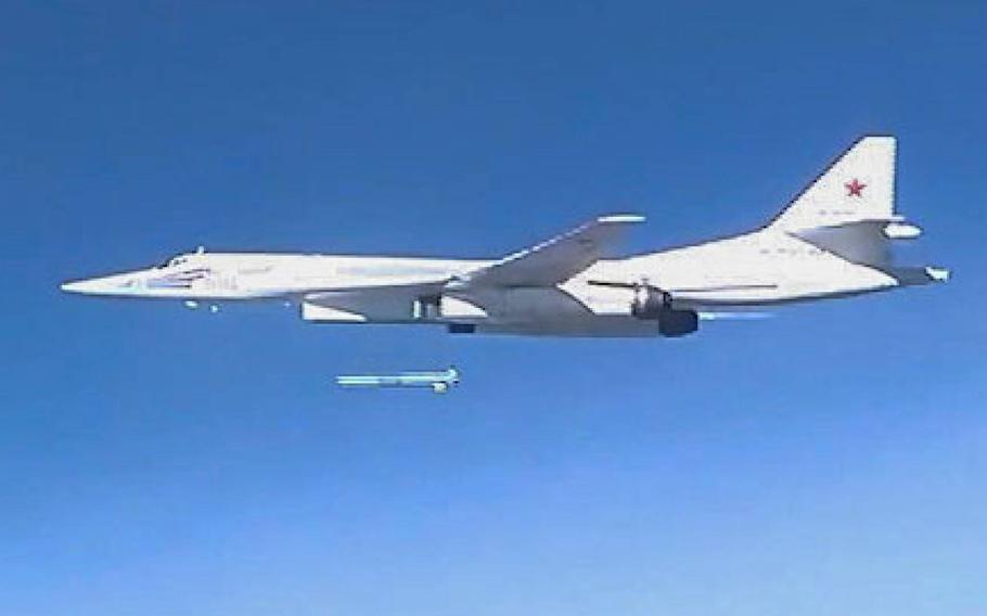 A Russian Tu-160 bomber launches a cruise missile in 2015 against Islamic State targets in Syria. The U.S. Air Force is looking for help defending military bases in Europe from hypothetical attacks by Chinese drones and Russian cruise missiles.

