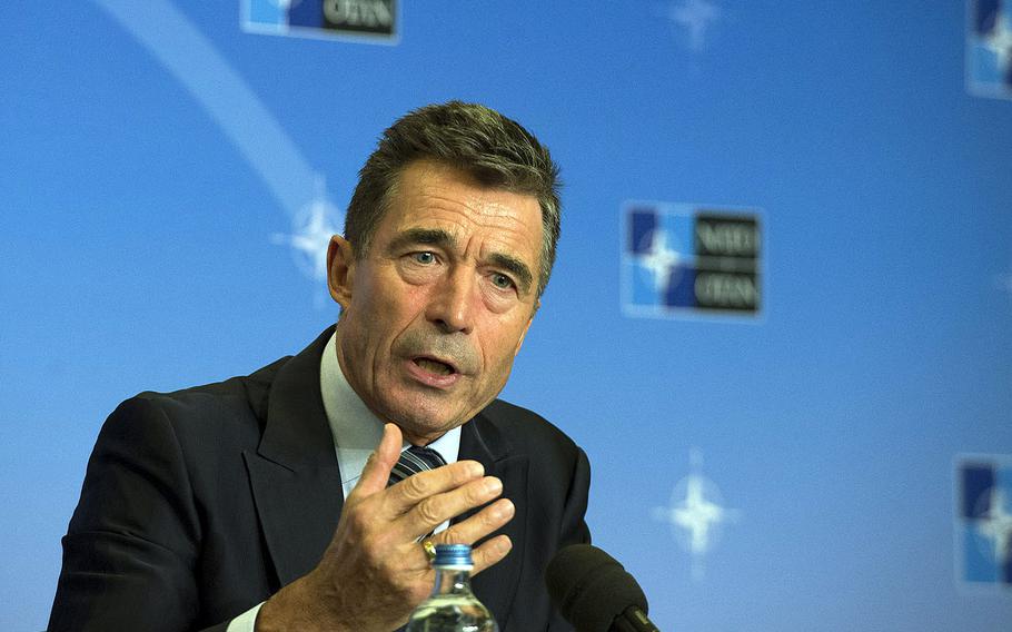 NATO Secretary General Anders Fogh Rasmussen answers questions on Monday Sept. 1, 2014, in Brussels.