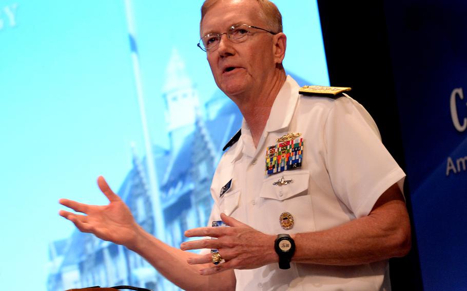 Rear Adm. James G. Foggo III delivers remarks to U.S. Naval War College students and guests during the 65th annual Current Strategy Forum (CSF) at the NWC in Newport, Rhode Island in June 2014.