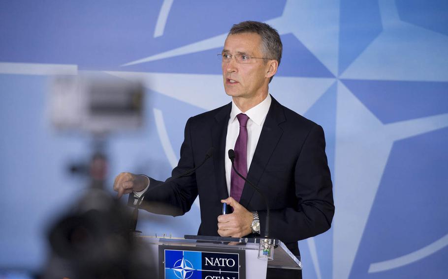 NATO Secretary General Jens Stoltenberg talks to the media ahead of a meeting of NATO foreign ministers in Brussels, Tuesday, Dec. 2, 2014.


