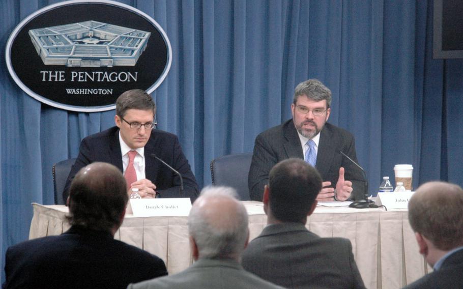 Assistant Secretary of Defense for International Security Affairs Derek Chollet, left, and John Conger, performing the duties of assistant secretary of defense for energy, installations and environment, explained the details of the European Infrastructure Consolidation plan at the Pentagon on Jan. 8, 2015.