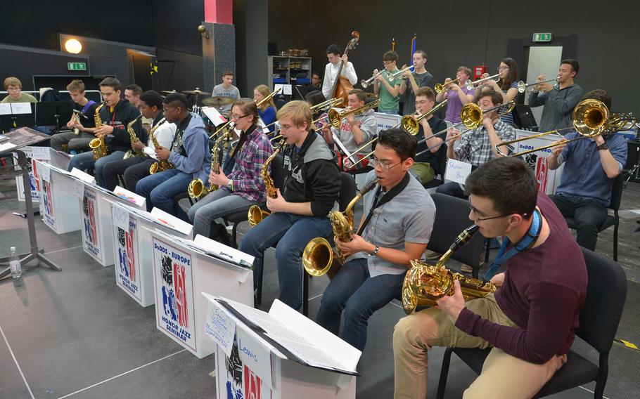 The big band rehearses a number at the DODDS-Europe Jazz Seminar in Ramstein, Germany, Tuesday, Jan. 13, 2015. Thirty-three musicians from eight high schools participated in this year's event.