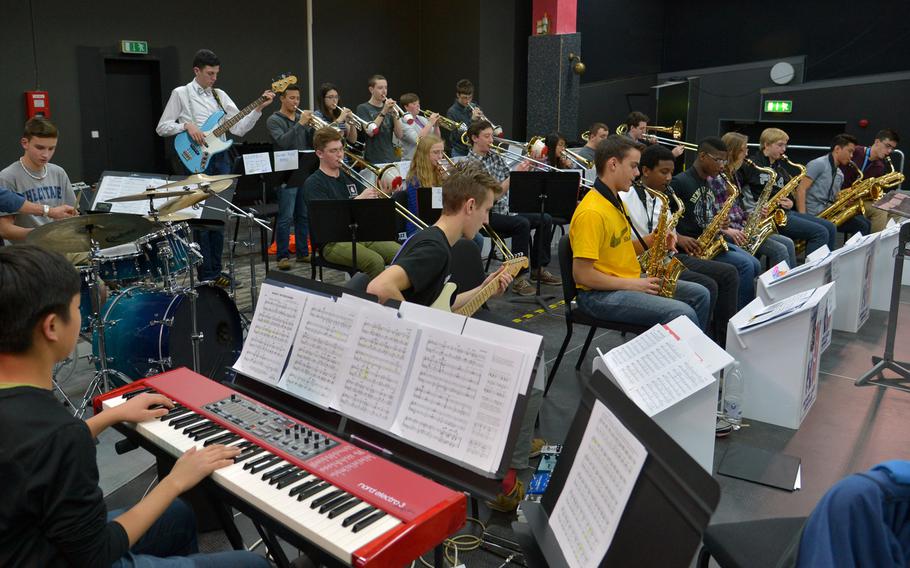 The big band rehearses a number at the DODDS-Europe Jazz Seminar in Ramstein, Germany, Tuesday, Jan. 13, 2015. Thirty-three musicians from eight high schools participated in this year's event.