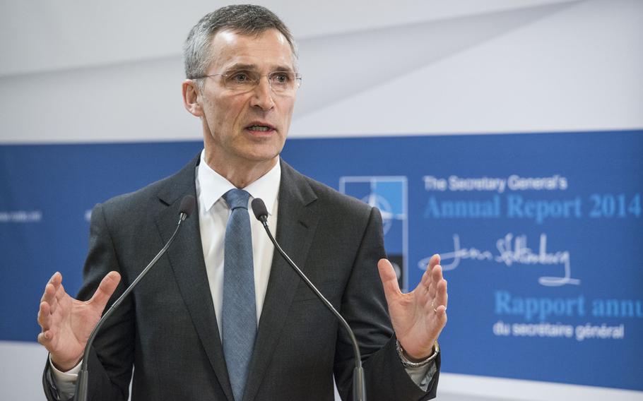 NATO Secretary-General Jens Stoltenberg at his monthly press conference in Brussels, Friday,  Jan. 30, 2015. He said 2014 was a "black year" for European security due to Russian actions in Ukraine and growing Islamic radicalism alongside Europe's southern flank.