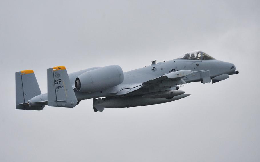 An A-10 'Warthog' of the 81st Fighter Squadron takes off from Spangdahlem Air Base, Germany, on May 17, 2013, on its way to the United States. 