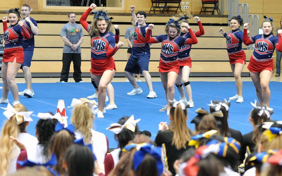 The Menwith Hill Mustangs cheer squad took the Division III "Spirit" award at the DODDS-Europe cheer competition in Wiesbaden, Germany, Saturday, Feb 21, 2015.