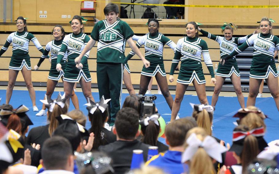 The Alconbury Dragons cheer squad won the Division III title at the DODDS-Europe cheer competition in Wiesbaden, Germany, Saturday, Feb 21, 2015.