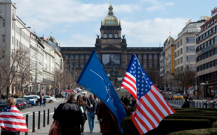A sizable pro-American, pro-NATO gathering formed in Prague on Saturday, March 28, 2015, to counter protests against the crossing of an American military convoy through the Czech Republic.