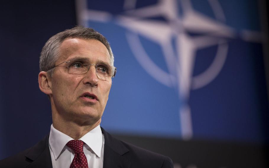NATO Secretary General Jens Stoltenberg during a press conference given at NATO headquarters on May 11, 2015.