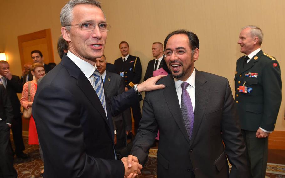 Bilateral meeting between NATO Secretary General Jens Stoltenberg and Afghanistan's foreign minister, Salahuddin Rabbani, during a NATO foreign ministers meeting in Antalya, Turkey, Wednesday, May 13, 2015.

NATO photo