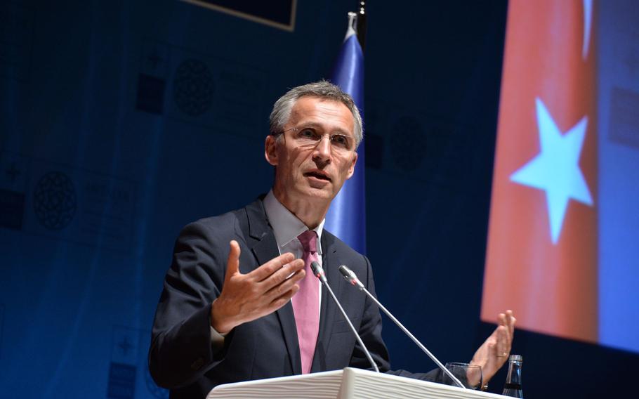 NATO Secretary-General Jens Stoltenberg at a news conference at the conclusion of a NATO foreign ministers meeting in Antalya, Turkey, Thursday, May 14, 2015.

