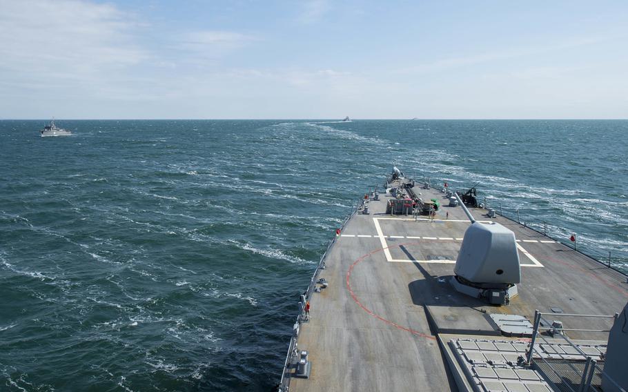 The USS Ross prepares to pass honors to the Romanian and Bulgarian Navies May 28, 2015. The U.S. Navy on Sunday, May 31, 2015, denied reports that Russian fighter jets forced the Ross from its course in the Black Sea.

