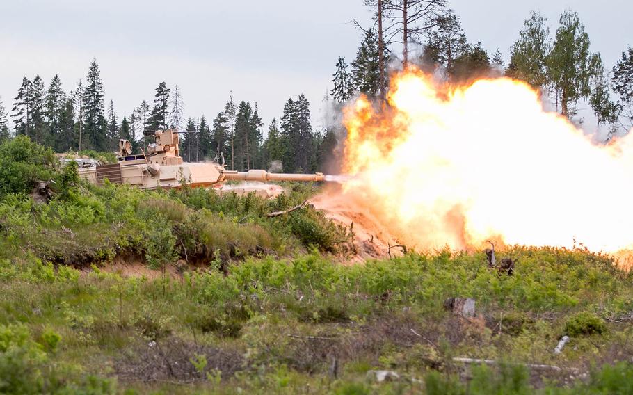An Abrams tank from the U.S. Army's 3rd Infantry Division, fires its main gun during a live-fire training exercise, June 14, 2015, at the Central Training Area near Tapa, Estonia. 

Joshua S. Brandenburg/U.S. Army 