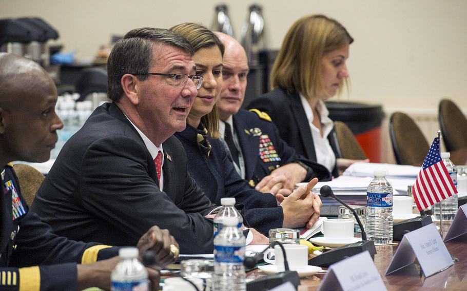 Secretary of Defense Ash Carter meets with Jason Kenney, Canadian Minister of National Defense (not pictured) at NATO Headquarters in Brussels on June 24, 2015. Carter is participating in his first NATO ministerial as defense secretary.