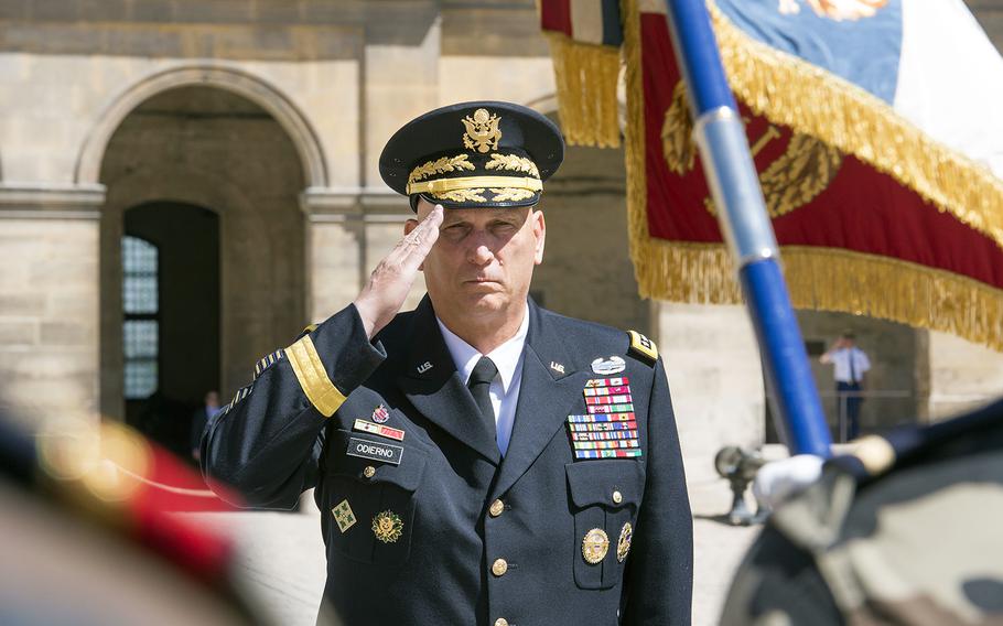 U.S. Army Chief of Staff, Gen. Ray Odierno, salutes during a ceremony at Hotel des Invalides, Paris, France, on July 10, 2015. Odierno was on a four-day tour of Europe where he visited Soldiers in training, U.S. Army Europe leadership, and dignitaries in four countries.