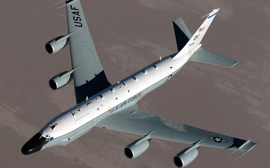 A RC-135 Rivet Joint aircraft, assigned to the 763rd Expeditionary Reconnaissance Squadron, flies over Afghanistan in support of Operation Enduring Freedom, June 19, 2011.