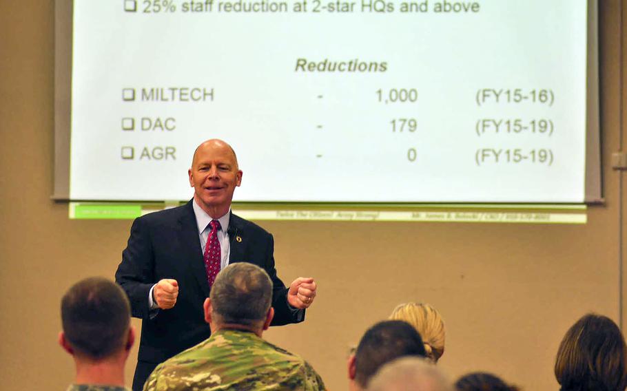 James Balocki, the command executive officer and director of services and installations for the Army Reserve, speaks to civilians and reservists with the 7th Mission Support Command at  Daenner Kaserne in Kaiserslautern, Germany, on Thursday, Oct. 22, 2015. Balocki spoke about civilian reductions across the entire Army Reserve and in a later interview talked about the Army Reserve's growing mission in Europe.