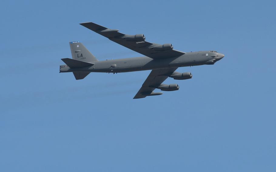 A U.S. Air Force B-52 flies over the San Gregorio training area near Zaragoza, Spain, during NATO's Trident Juncture exercise, Wednesday, Nov. 4, 2015.

