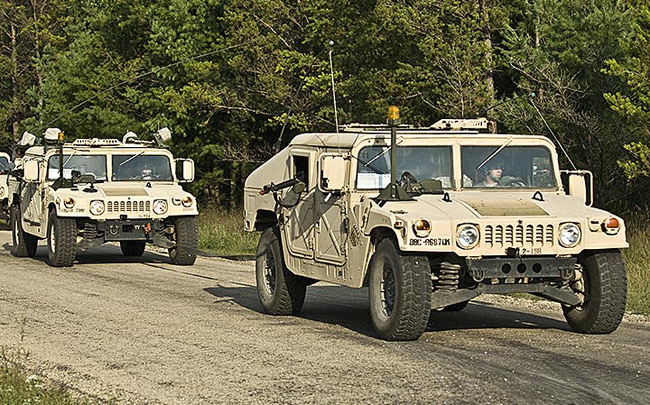 Humvees are used during a training exercise at Fort Mccoy, Wis., in August 2011. The U.S. Army will complete by next year its forward positioning of tanks and other heavy vehicles, such as Humvees, at a series of locations in eastern Europe, where three such sites are already up and running, the Army’s top commander in Europe said.