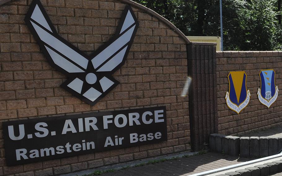 Ramstein Air Base sign at the base's west gate. A German national is in German police custody after leaving a suspicious package outside the west gate early Friday, Jan. 15, 2016.
U.S. Air Force