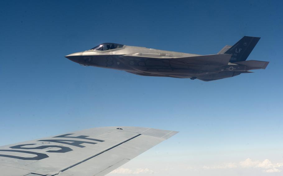 F-35 Lightning IIs from the 61st Fighter Squadron at Luke Air Force Base, Ariz., take part in air-to-air refueling operations on June 5, 2015. This summer, two Air Force F-35As from Luke will fly in heritage flights and be on static display at the Royal International Air Tattoo at RAF Fairford in Gloucestershire  — considered the world's largest military air show — and the Farnborough International Airshow, outside of London.
 

