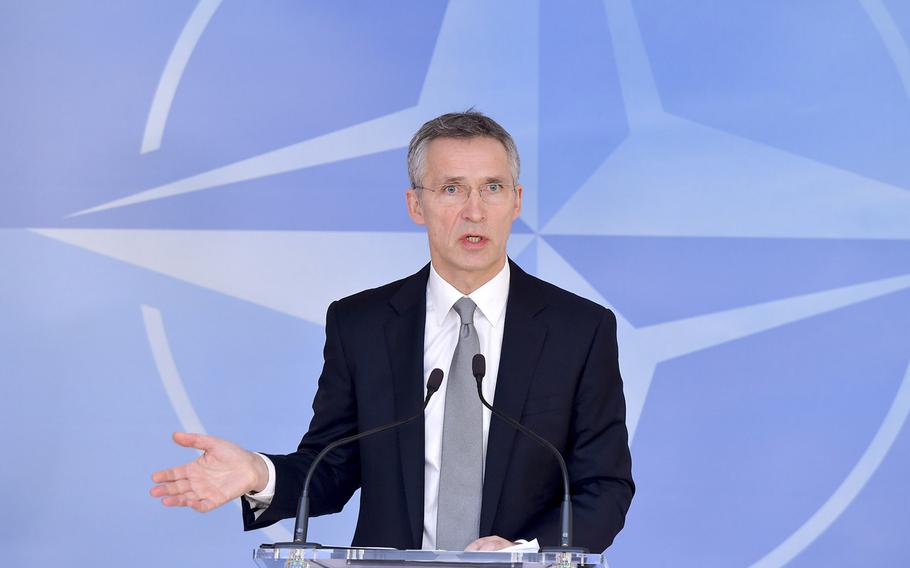 NATO Secretary-General Jens Stoltenberg spoke to reporters at the beginning of a NATO defense ministers meeting in Brussels, Belgium, Wednesday, Feb. 10, 2016.

