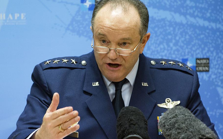 Supreme Allied Commander Europe U.S. Air Force Gen. Phillip Breedlove speaks attends a briefing at NATO headquarters in Brussels on Thursday, Feb. 11, 2016.