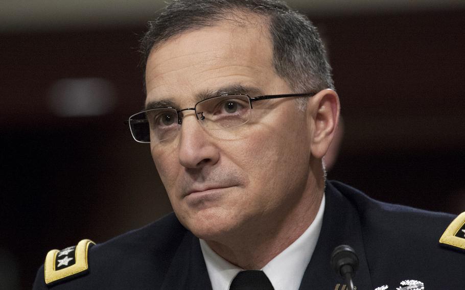 Gen. Curtis Scaparrotti, USFK commander, listens to opening statements at a Senate Committee on Armed Services hearing on Capitol Hill, Feb. 22, 2016.
