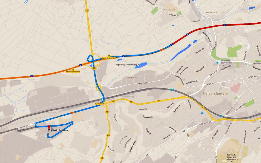 A Google map shows Pulaski Barracks at left and one route to the A6 autobahn where a car chase Saturday, March 19, 2016, ended in a crash and the arrest of a man who told security personnel at Pulaski that he had explosives in his vehicle.