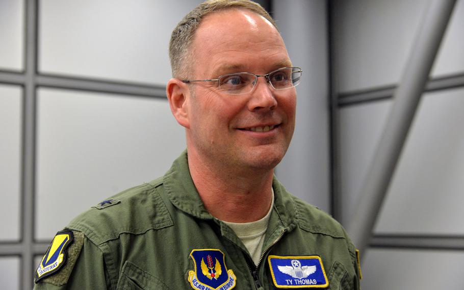 Brig. Gen. Ty Thomas, commander of the 86th Airlift Wing, was at the Ramstein Air Base passenger terminal Thursday night, March 31, 2016, to welcome incoming passengers from Incirlik, Turkey.

