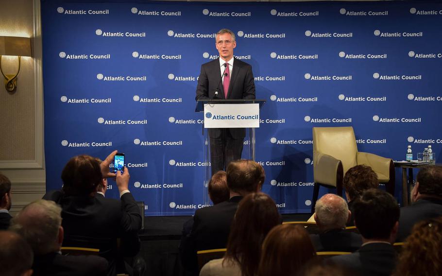 NATO Secretary-General Jens Stoltenberg speaks at an event organized by the Atlantic Council on Wednesday, April 6,2016. Stoltenberg proposed that the military alliance should do more to train Iraqi government forces for their fight against Islamic State militants.