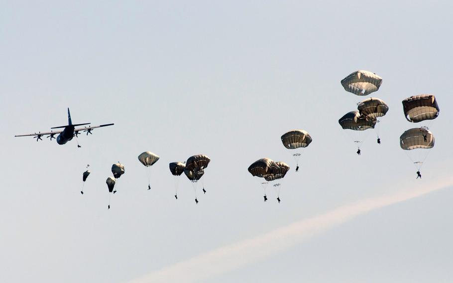 Paratroopers drop into the Hohenfels, Germany, training area in August 2015.  Hundreds of American, British and Italian paratroopers will take part in the Saber Junction 16 exercise next week in the same area and a German civilian field two miles away.

