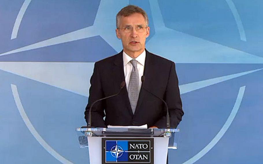 NATO Secretary-General Jens Stoltenberg makes a statement following the NATO-Russia Council meeting at NATO headquarters in Brussels on Wednesday, April 20, 2016.

