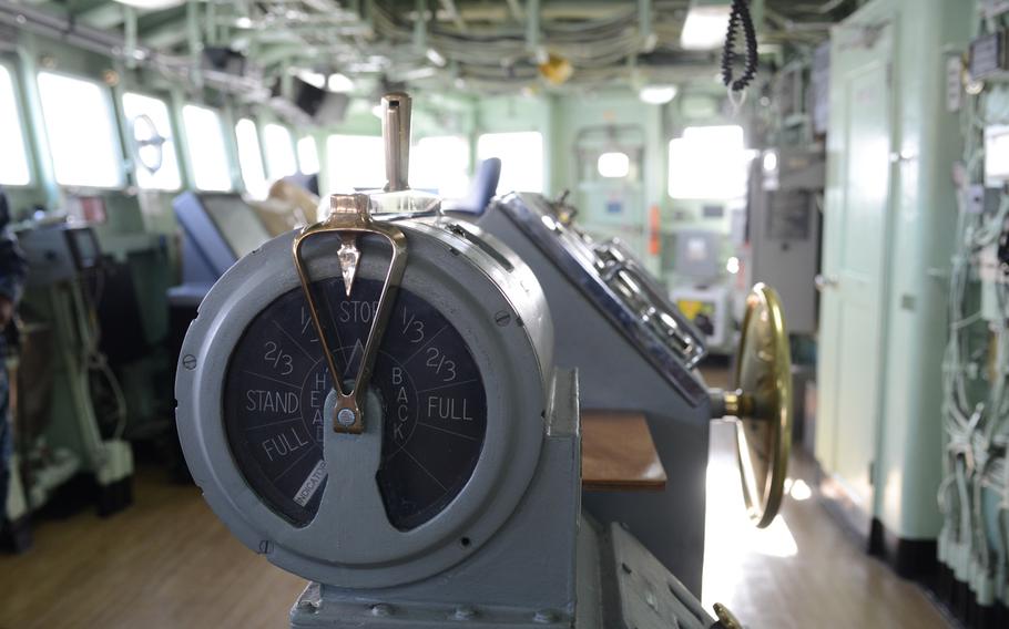 The engine order telegraph on the bridge of the USS Mount Whitney, flagship of U.S. 6th Fleet. Commissioned in 1971 and crewed largely by civilian mariners, the Mount Whitney serves as a floating operations center for fleet commanders, allowing them to direct Navy surface ships, submarines and aircraft from international waters. 

