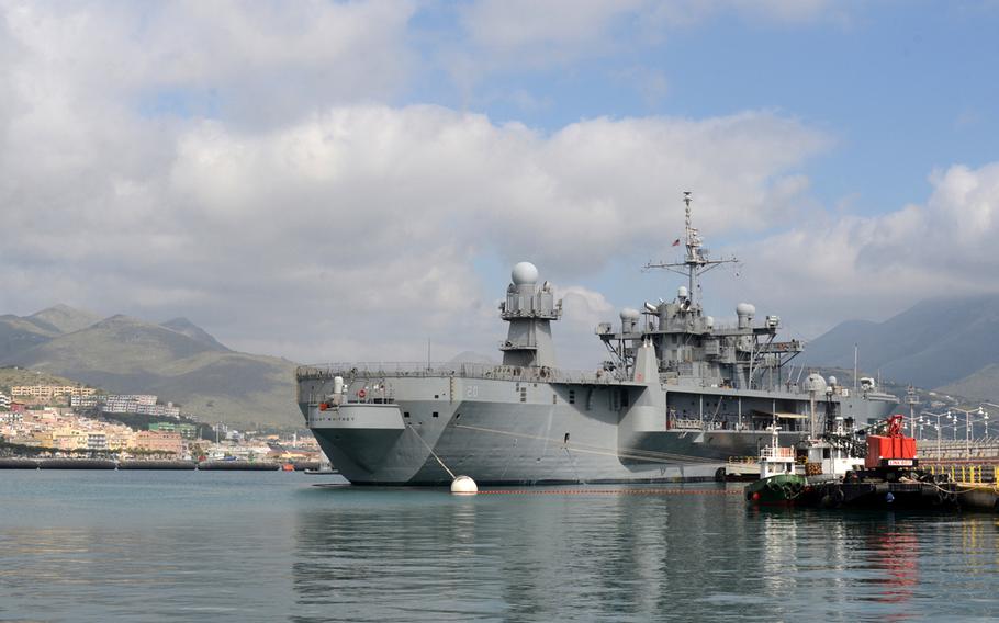 The USS Mount Whitney pier-side in Gaeta, Italy, on April 15, 2016. Commissioned in 1971 and crewed largely by civilian mariners, the amphibious command ship allows fleet commanders to direct operations from international waters.
 
