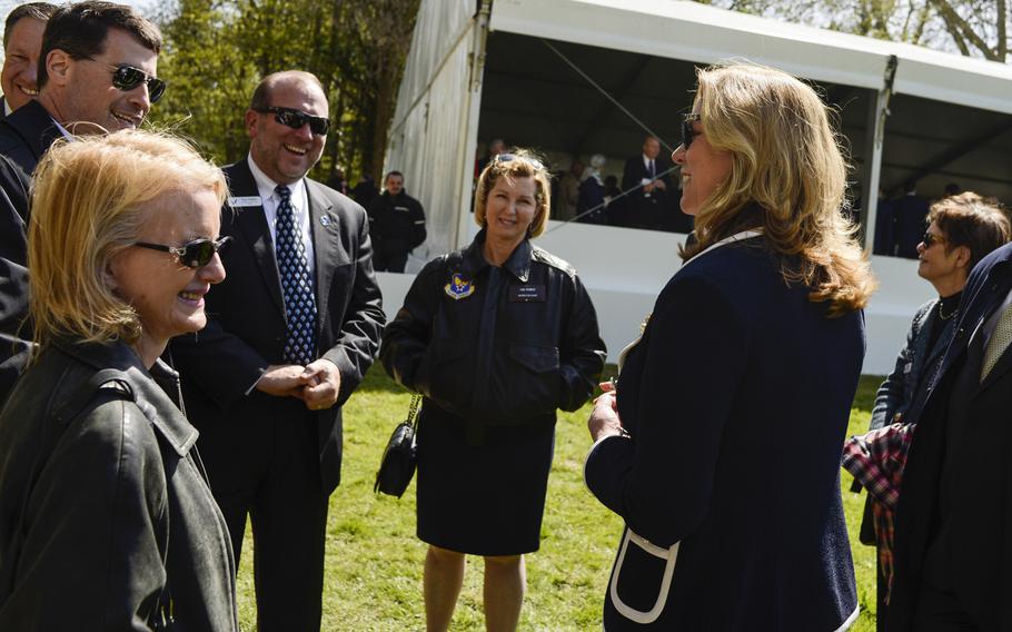 Secretary of the Air Force Deborah Lee James, right, speaks with a group of Air Force civic leaders, unpaid advisors, key communicators, and advocates for the Air Force, after the Lafayette Escadrille Memorial 100th Anniversary Commemoration in Marnes-la-Coquette, France on Wednesday, April 20, 2016. 

