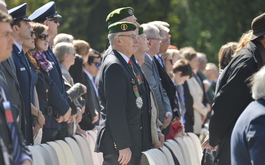 French and American military and civilian representatives attend the Lafayette Escadrille Memorial 100th anniversary ceremony in Marnes-la-Coquette, France on Wednesday, April 20, 2016 during a ceremony honoring the 268 Americans who joined the French air force before the U.S. officially engaged in World War I. During the ceremony, the men and women attending paid tribute to the Americans who served with died fighting for the French in World War I. 

