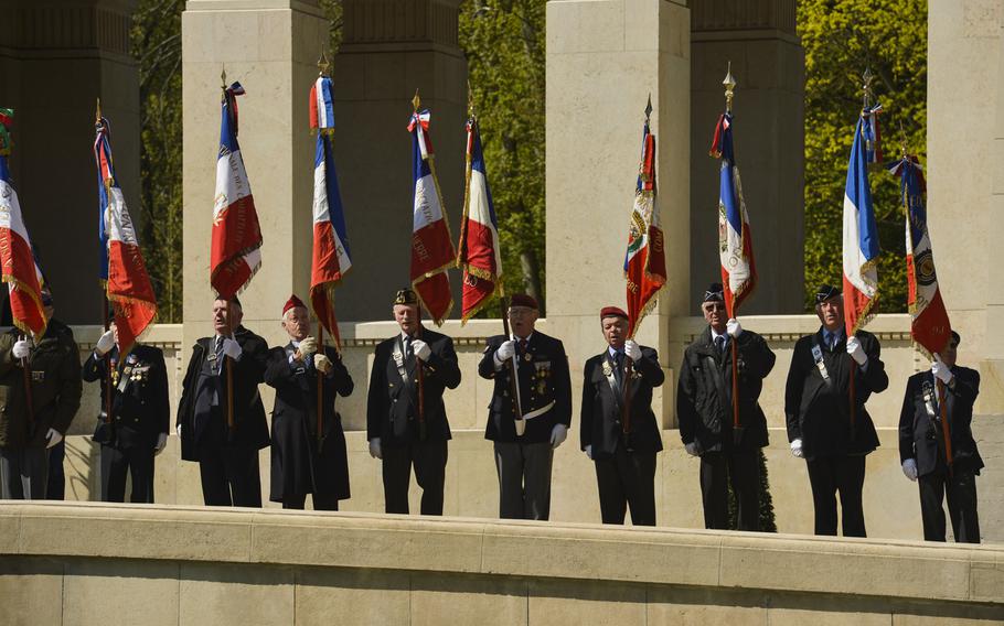 French veterans bear the colors during the Lafayette Escadrille Memorial 100th anniversary ceremony in Marnes-la-Coquette, France on Wednesday, April 20, 2016. The ceremony honored the more than 200 Americans who fought for France in the Lafayette Flying Corps prior to the U.S. entry into World War I.  The ceremony also paid tribute to the 68 American Airmen who died while serving with the unit while highlighting the 238-year alliance between the U.S. and France with their long history of shared values and sacrifice. 

